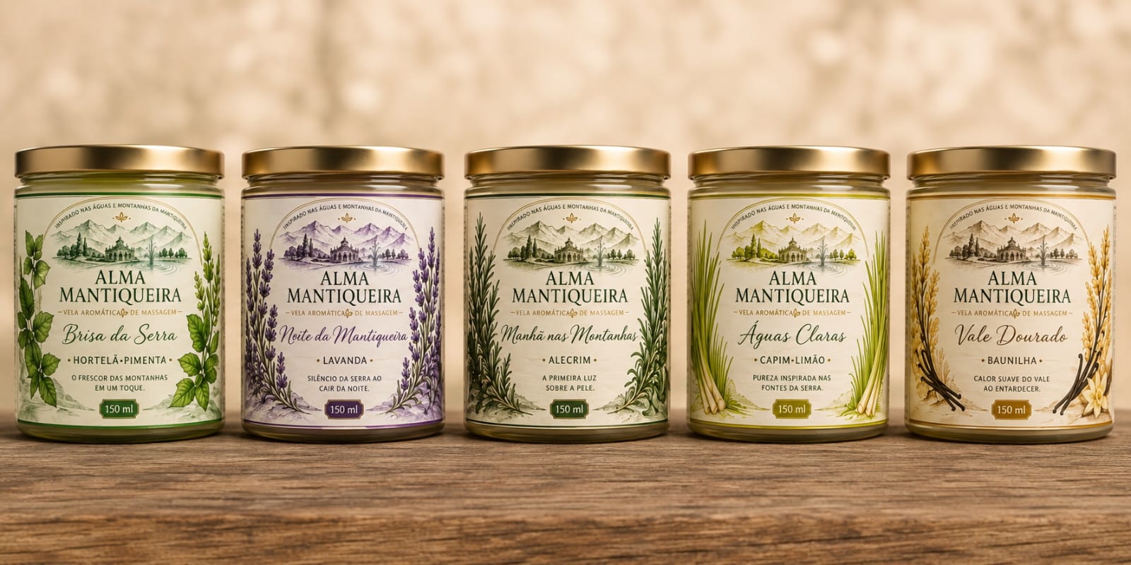 Linha completa Alma Mantiqueira — 5 velas aromáticas de massagem